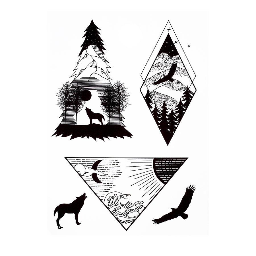 Wolf Eagle Geometrical Mountain Temporary Tattoo Inkotattoo