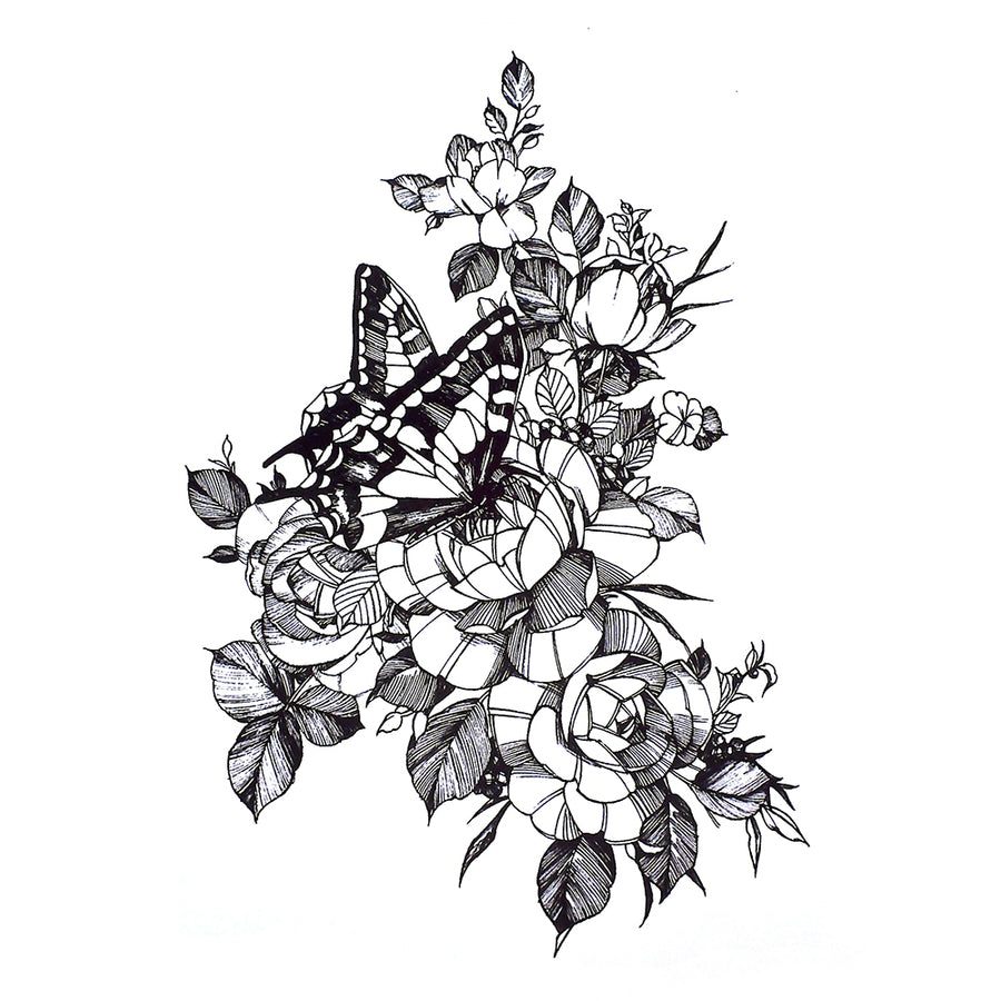 Butterfly Flowers Temporary Tattoo Inkotattoo