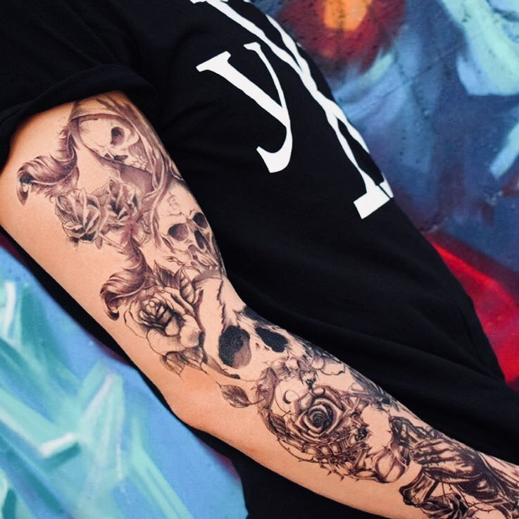 Skull Cross & Flower temporary tattoo sleeve Inkotattoo